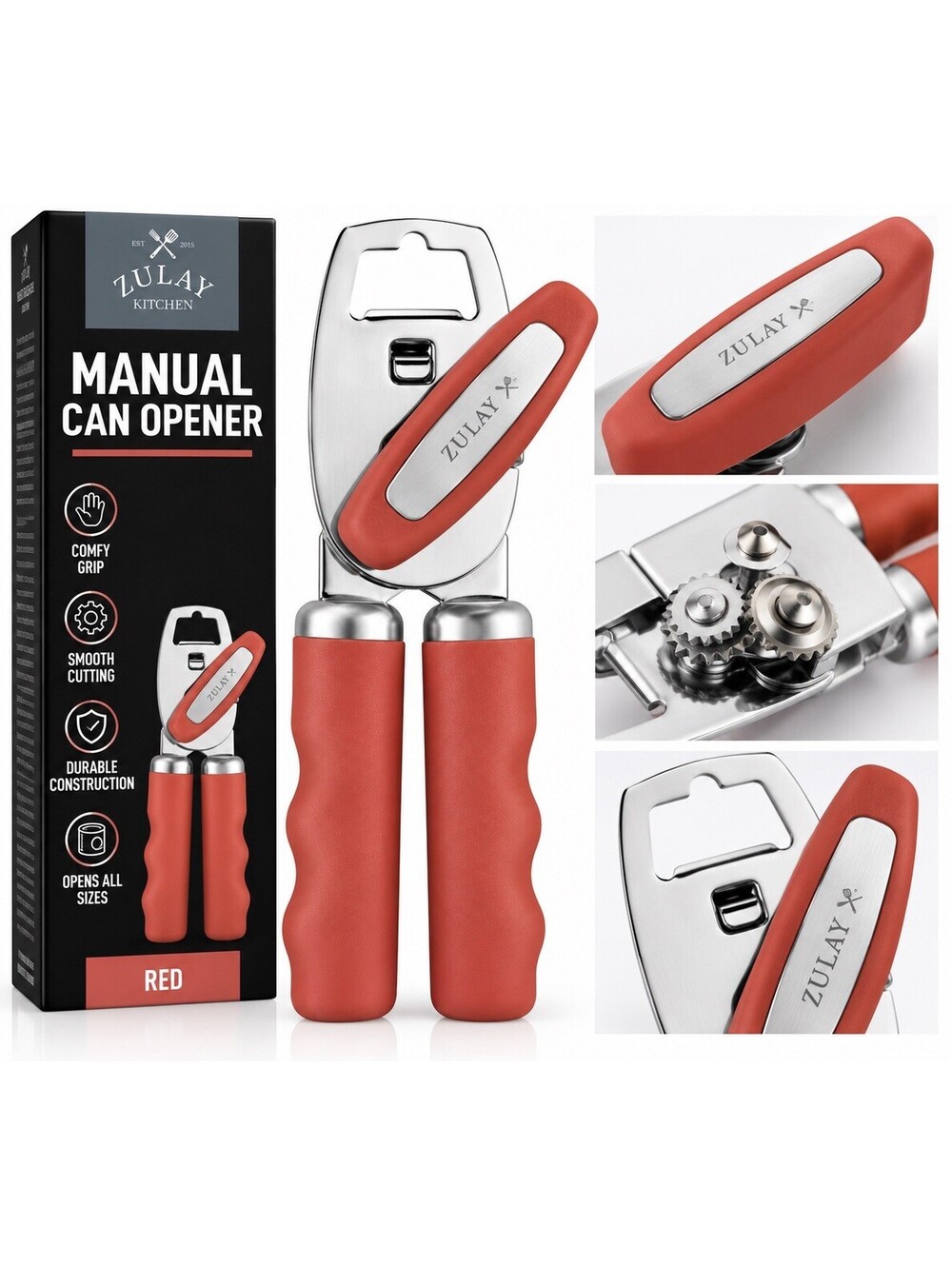 ❤️ Zulay Kitchen Manual Can Opener – Comfy Grip – Coral Red – New